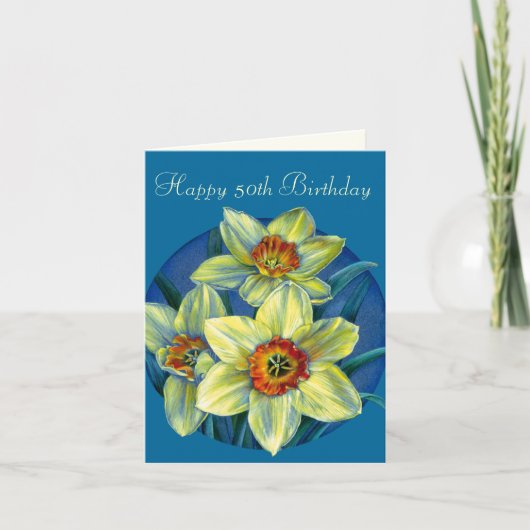 Daffodils Happy 50誕生日黄色と青カード カード (正面)