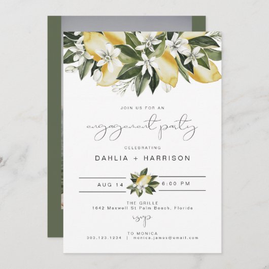 DAHLIAウォーターカラーレモンフローラ婚約パーティ 招待状 (正面/裏面)