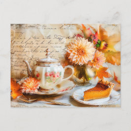Dahlia Bloom with Pumpkin Cake Slice and Teapot ポストカード