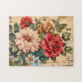 Dahlias and Roses on Cracked Wooden Wall ジグソーパズル
