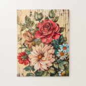 Dahlias and Roses on Cracked Wooden Wall ジグソーパズル (縦)