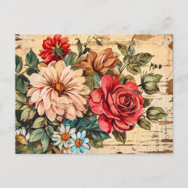 Dahlias and Roses on Cracked Wooden Wall ポストカード