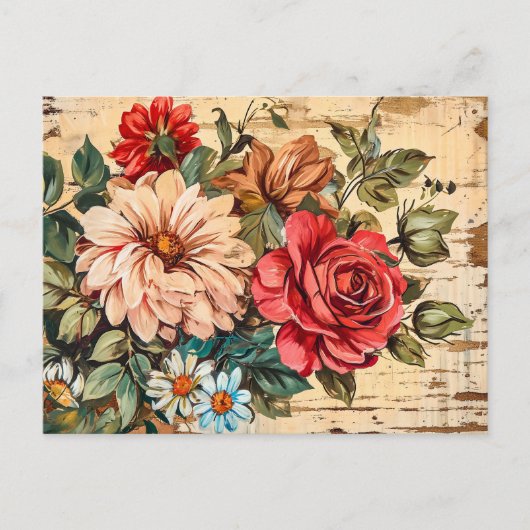 Dahlias and Roses on Cracked Wooden Wall ポストカード (正面)