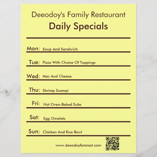 Daily Specials Restaurant Flyer With QR Code Yello チラシ (正面)