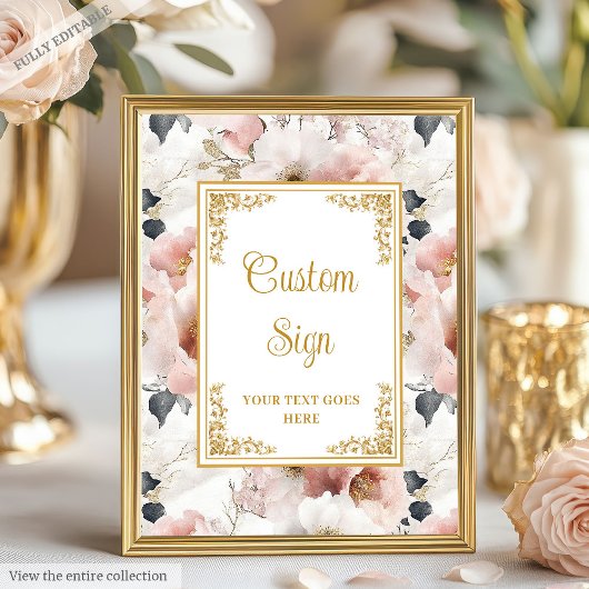 Dainty blush flowers and gold wedding custom sign ポスター