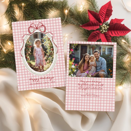 Dainty Bow Frame Gingham Christmas Photo シーズンカード