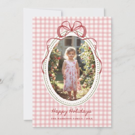 Dainty Bow Frame Gingham Christmas Photo シーズンカード (正面)