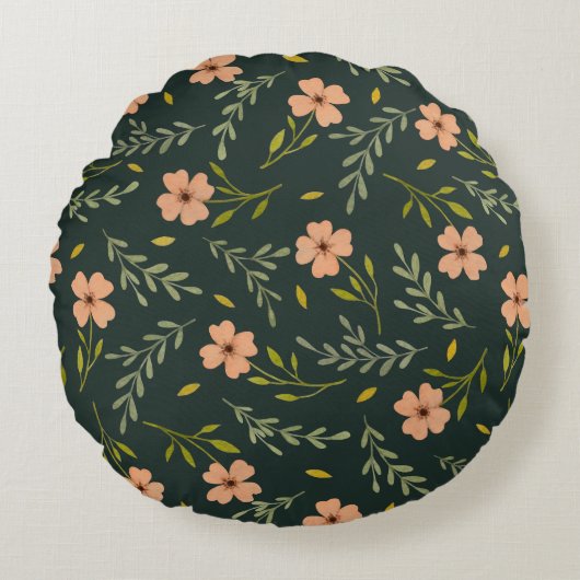 Dainty Ditsy Watercolor Floral Dark Green Pattern  ラウンドクッション (正面)