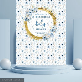Dainty dusty blue flowers gold baby shower banner タペストリー