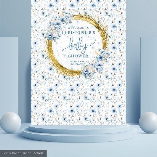 Dainty dusty blue flowers gold baby shower banner タペストリー