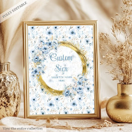 Dainty dusty blue watercolor flowers gold custom  ポスター