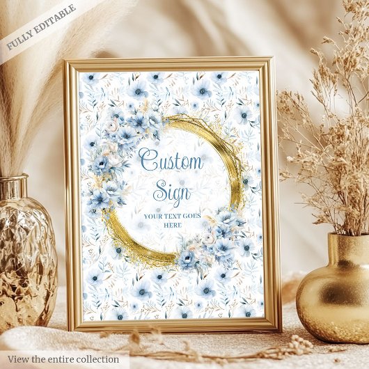 Dainty dusty blue watercolor flowers gold custom  ポスター