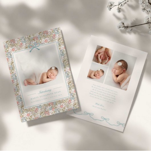 Dainty Floral Bow Photo Birth Announcement 案内状