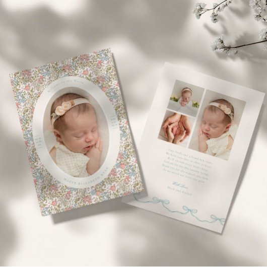 Dainty Floral Bow Photo Birth Announcement 案内状