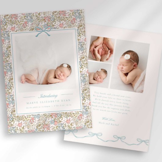 Dainty Floral Bow Photo Birth Announcement 案内状