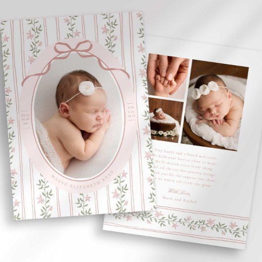 Dainty Floral Bow Photo Birth Announcement 案内状