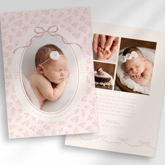 Dainty Floral Coquette Photo Birth Announcement 案内状