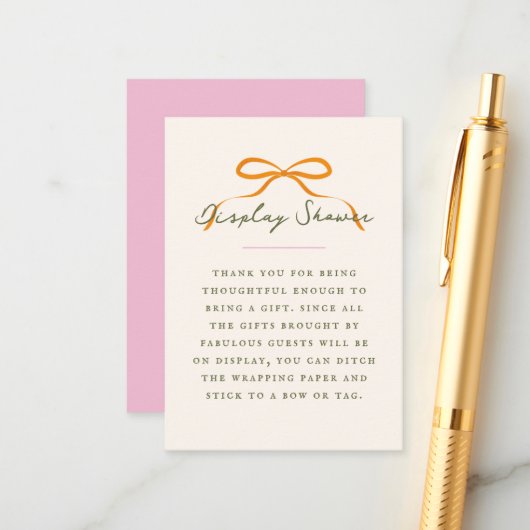 Dainty Orange Bow Baby Display Shower エンクロージャーカード (正面/裏面インサイチュ)