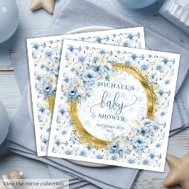 Dainty pastel blue flowers gold baby shower napkin
