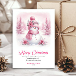 Dainty pink snowman kids greeting card editable シーズンカード