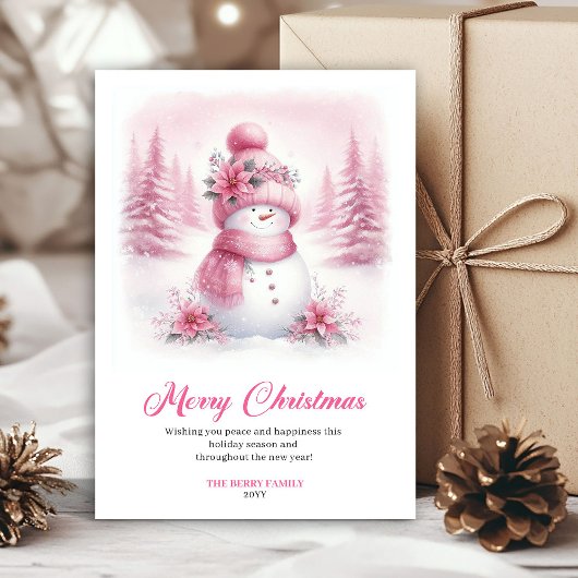 Dainty pink snowman kids greeting card editable シーズンカード