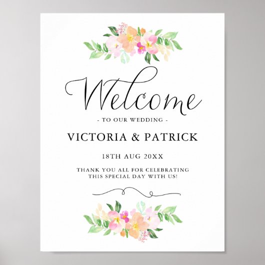 Dainty Watercolor Florals Welcome to Our Wedding ポスター (正面)
