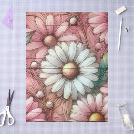 Daisies Daisy Pastel Pink White Floral Decoupage 薄葉紙 (クラフト)