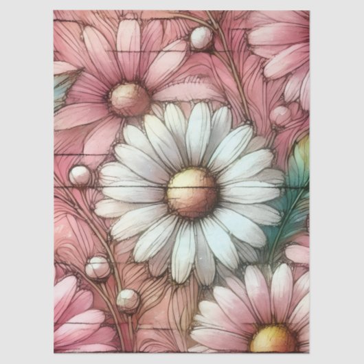 Daisies Daisy Pastel Pink White Floral Decoupage 薄葉紙 (正面)