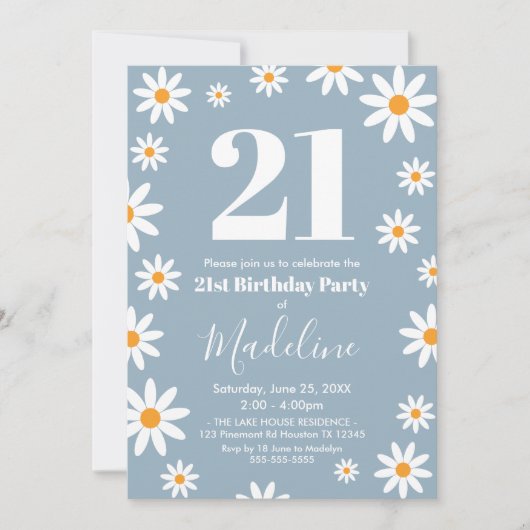 Daisies Dusty blue Birthday Party Invitation 招待状 (正面)