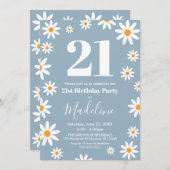 Daisies Dusty blue Birthday Party Invitation 招待状 (正面/裏面)