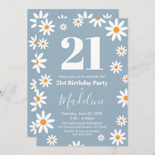 Daisies Dusty blue Birthday Party Invitation 招待状 (正面/裏面)