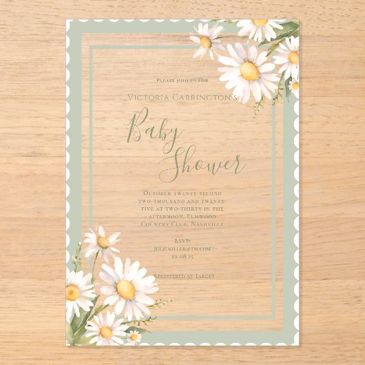 Daisies Floral Elegant Baby Shower アクリル招待状 (正面)
