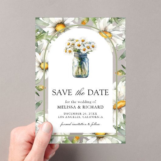 Daisies Floral Mason Jar Wedding Save the Date アクリル招待状 (インサイチュ (ポータブル))