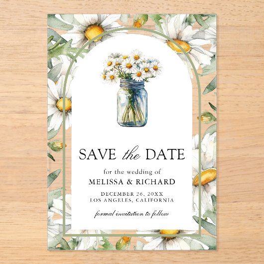 Daisies Floral Mason Jar Wedding Save the Date アクリル招待状 (正面)