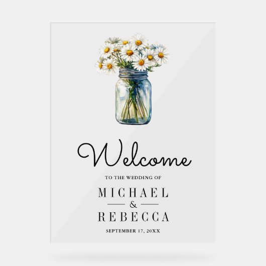 Daisies Floral Mason Jar Wedding Welcome アクリルサイン (正面)
