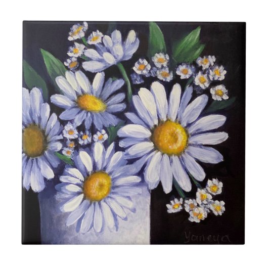 Daisies flower ceramic tile coasters タイル (正面)