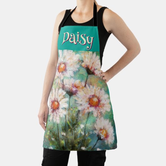 Daisies Impressionistic Floral Teal Personalized エプロン (インサイチュ)