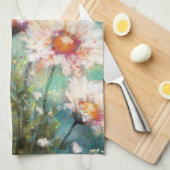 Daisies Impressionistic Floral Teal Personalized キッチンタオル (四つ折り)