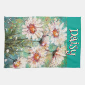 Daisies Impressionistic Floral Teal Personalized キッチンタオル (横)