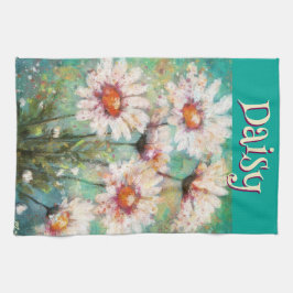 Daisies Impressionistic Floral Teal Personalized キッチンタオル