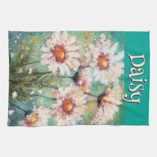 Daisies Impressionistic Floral Teal Personalized キッチンタオル (横)