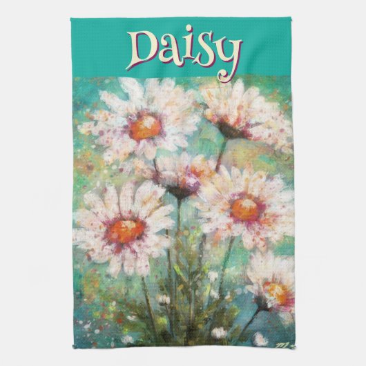 Daisies Impressionistic Floral Teal Personalized キッチンタオル (縦)