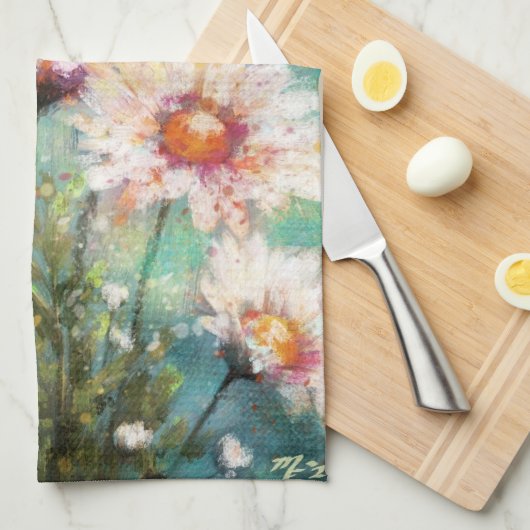 Daisies Impressionistic Floral Teal Personalized キッチンタオル (四つ折り)