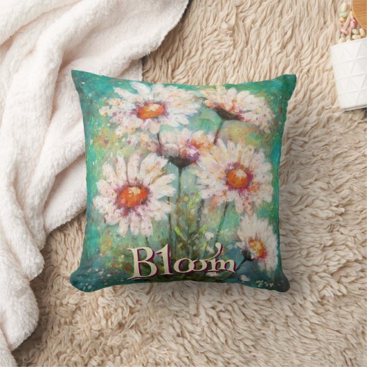 Daisies Impressionistic Floral Teal Personalized クッション (ブランケット)