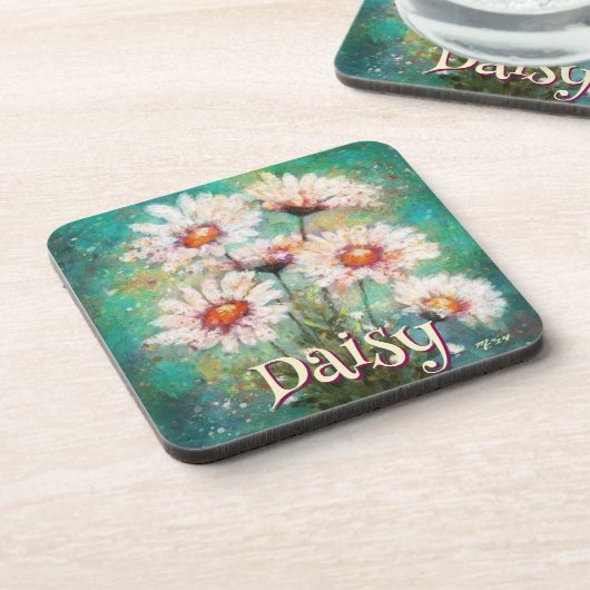 Daisies Impressionistic Floral Teal Personalized コースター (左側)