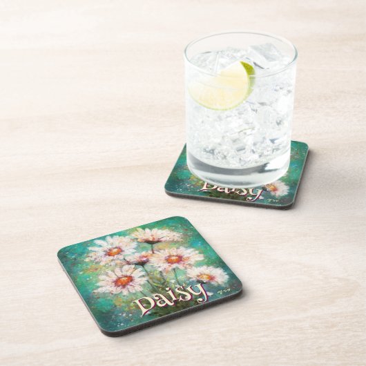 Daisies Impressionistic Floral Teal Personalized コースター (右側)