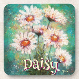 Daisies Impressionistic Floral Teal Personalized コースター