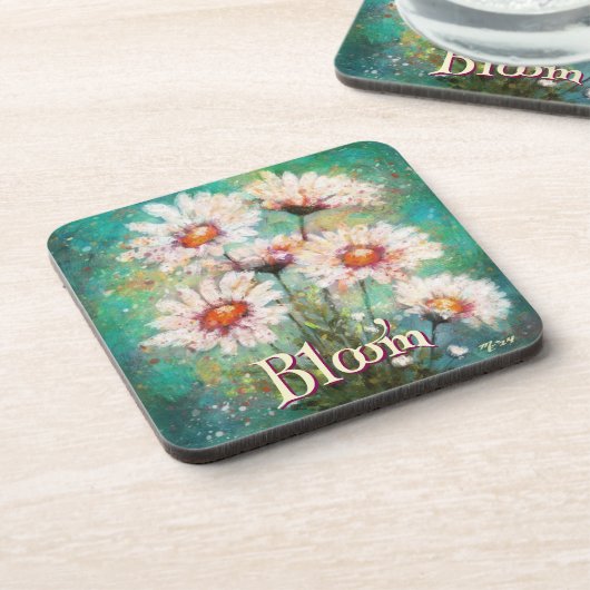 Daisies Impressionistic Floral Teal Personalized コースター (左側)