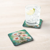 Daisies Impressionistic Floral Teal Personalized コースター (右側)