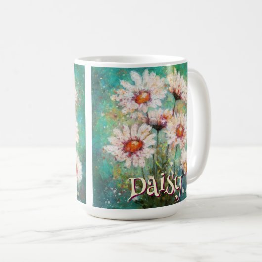 Daisies Impressionistic Floral Teal Personalized コーヒーマグカップ (正面右)